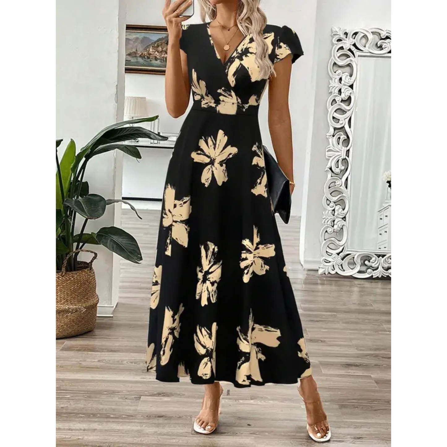 Robe Maxi Femme en Tissu Imprimé Coupe Croisée Col V - PanierRoyale