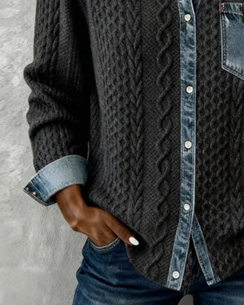 Chemise Femme Maille Torsadée Détails Denim Coupe Confortable