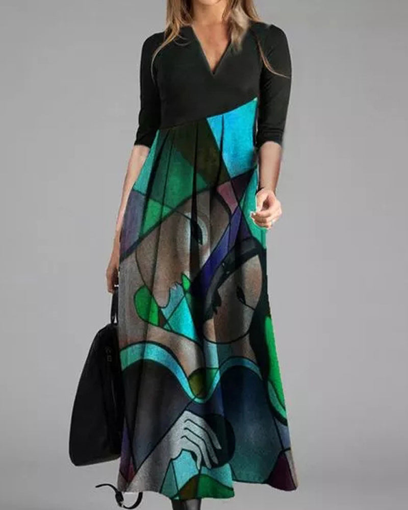 Robe Femme Élégante - Robe Droite Classique à Manches Longues Imprimé Floral avec Détails Plissés