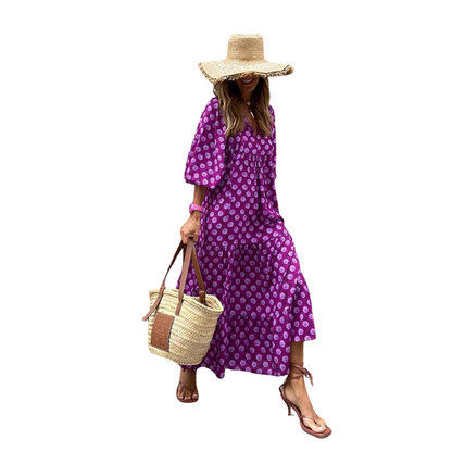 Robe Été Longue à Manches Courtes imprimé Floral