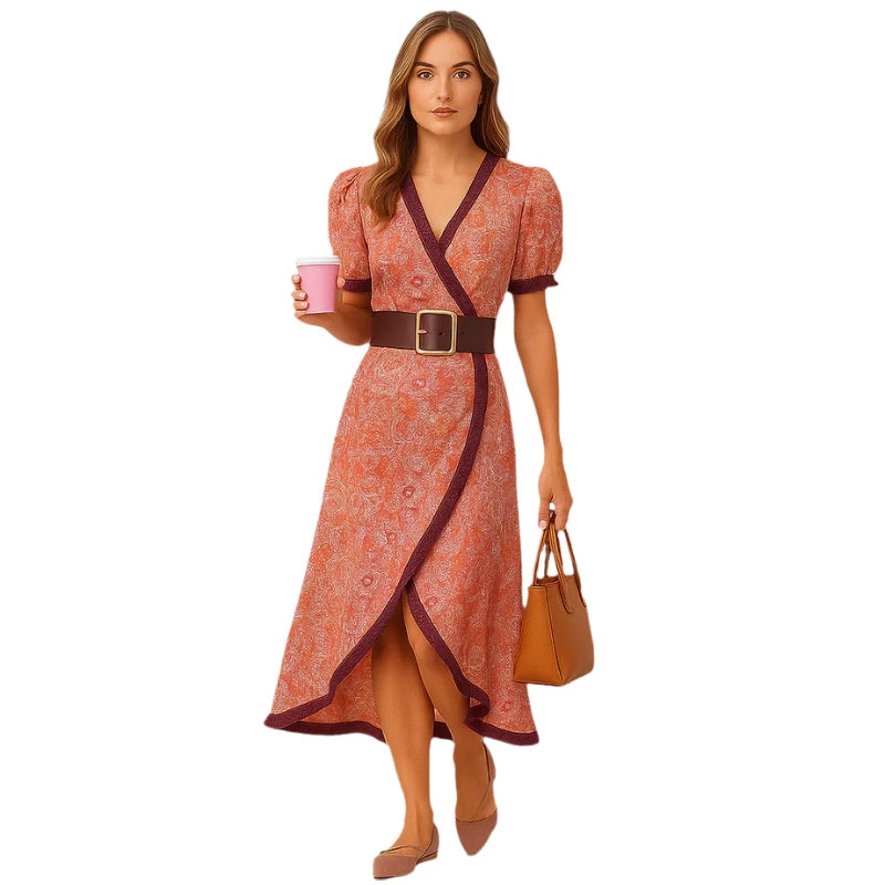 Robe Été Longue à Manches Courtes Cintrée avec Ceinture Élastique - PanierRoyale
