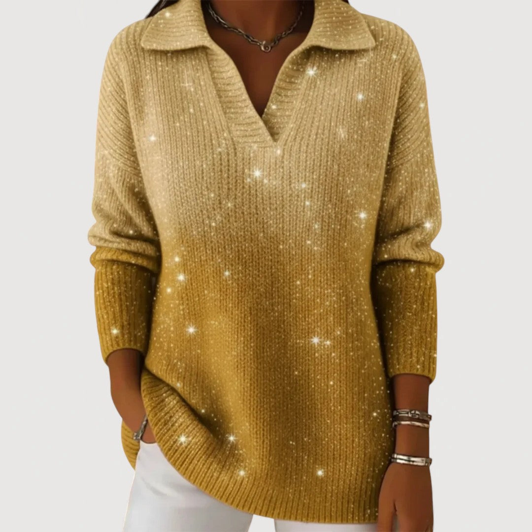 Pull Femme Tricot Pailleté Col Polo Confortable
