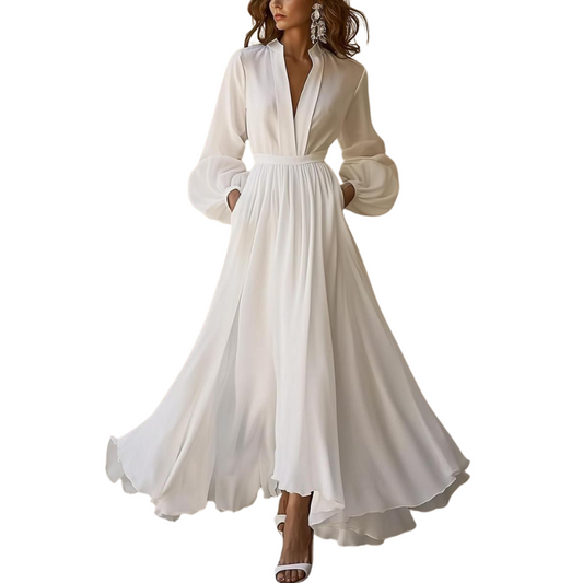 Robe Femme Col V Manches Longues Élégante - PanierRoyale