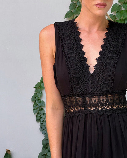 Robe Midi Femme Dentelle Col V Coupe Fluide Sans Manches