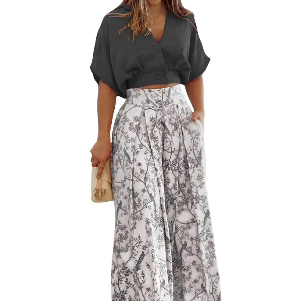 Ensemble Femme Élégant Chemise Bouffante Pantalon Évasé