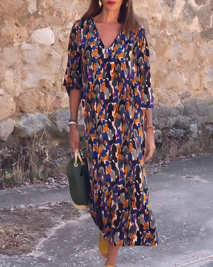 Robe longue Femme Fluide Imprimé Rétro Col en V Manches Élégantes - PanierRoyale
