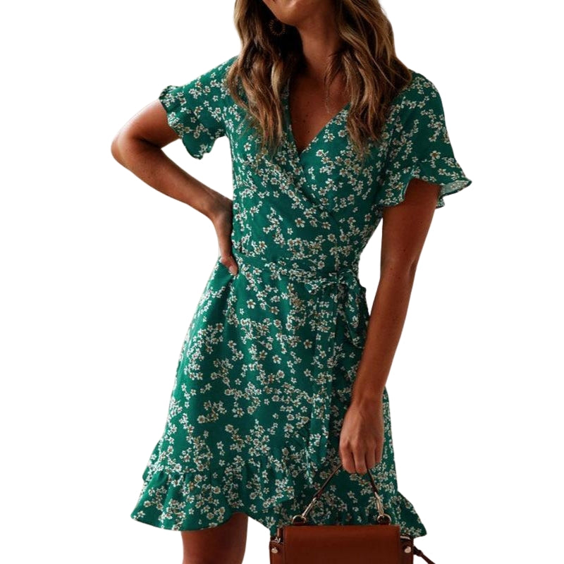Robe Courte Fleuri Col V avec Décolleté Profond - PanierRoyale