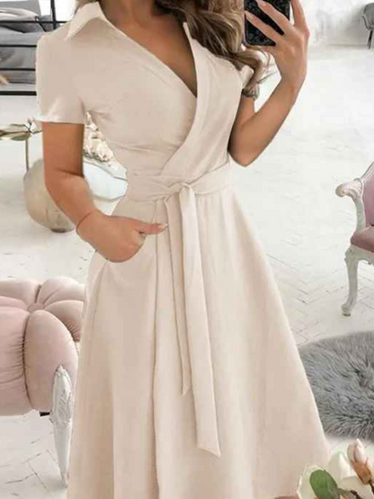 Robe Femme Chic avec Ceinture et Manches Courtes pour Travail ou Loisirs