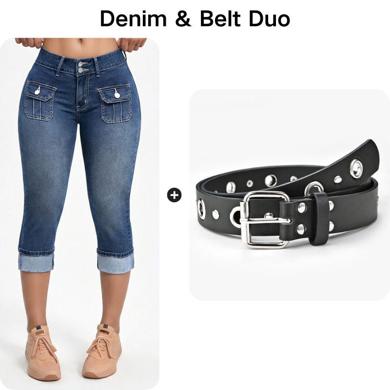 Pantalon Capri Femme Denim Stretch Coupe Ajustée Taille Mi-Haute
