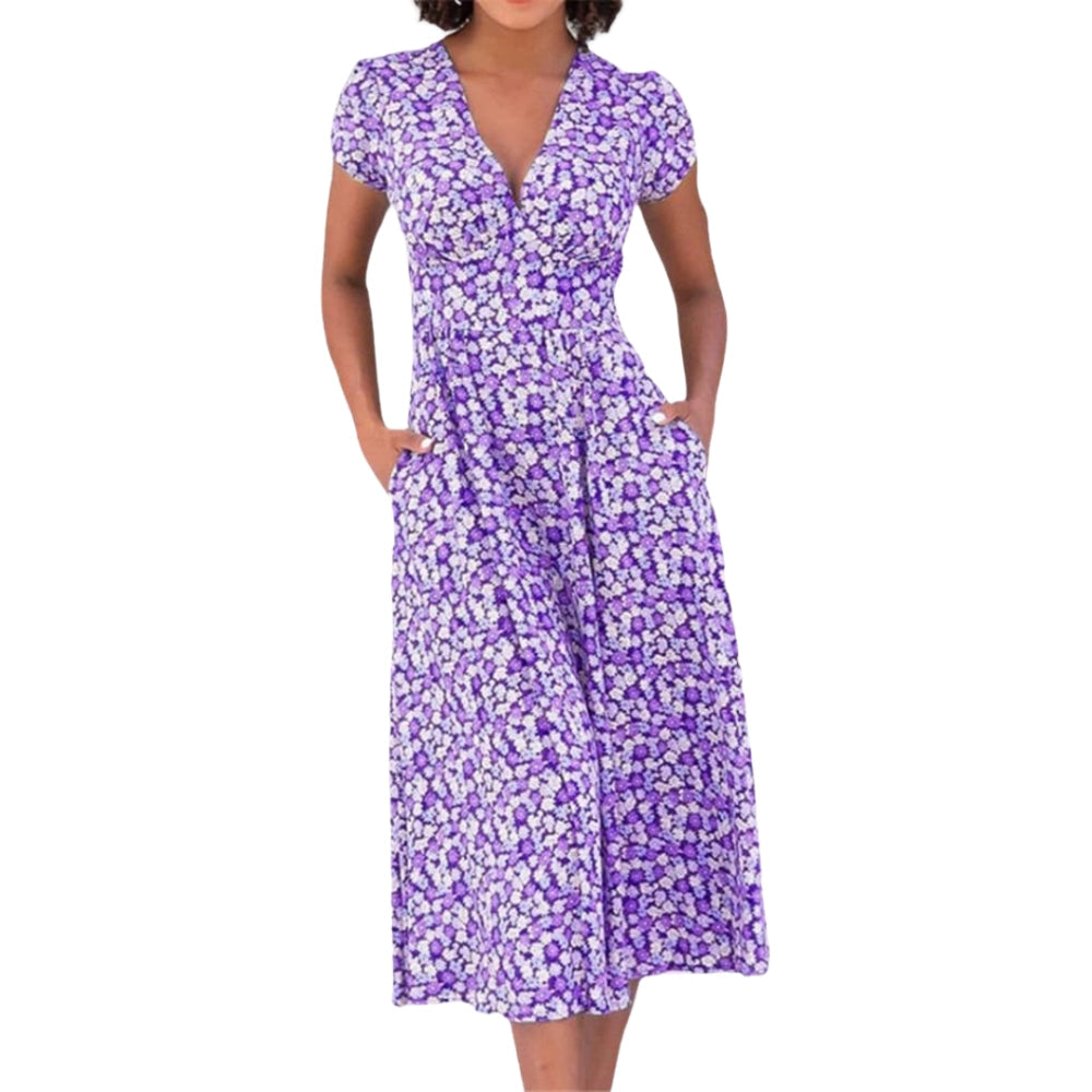 Robe Été Florale avec Poches et Col en V