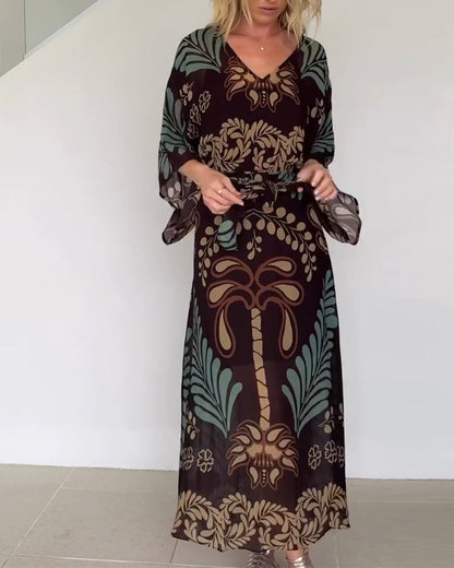 Robe Maxi Femme Imprimé Feuilles Col V Style Bohème - PanierRoyale