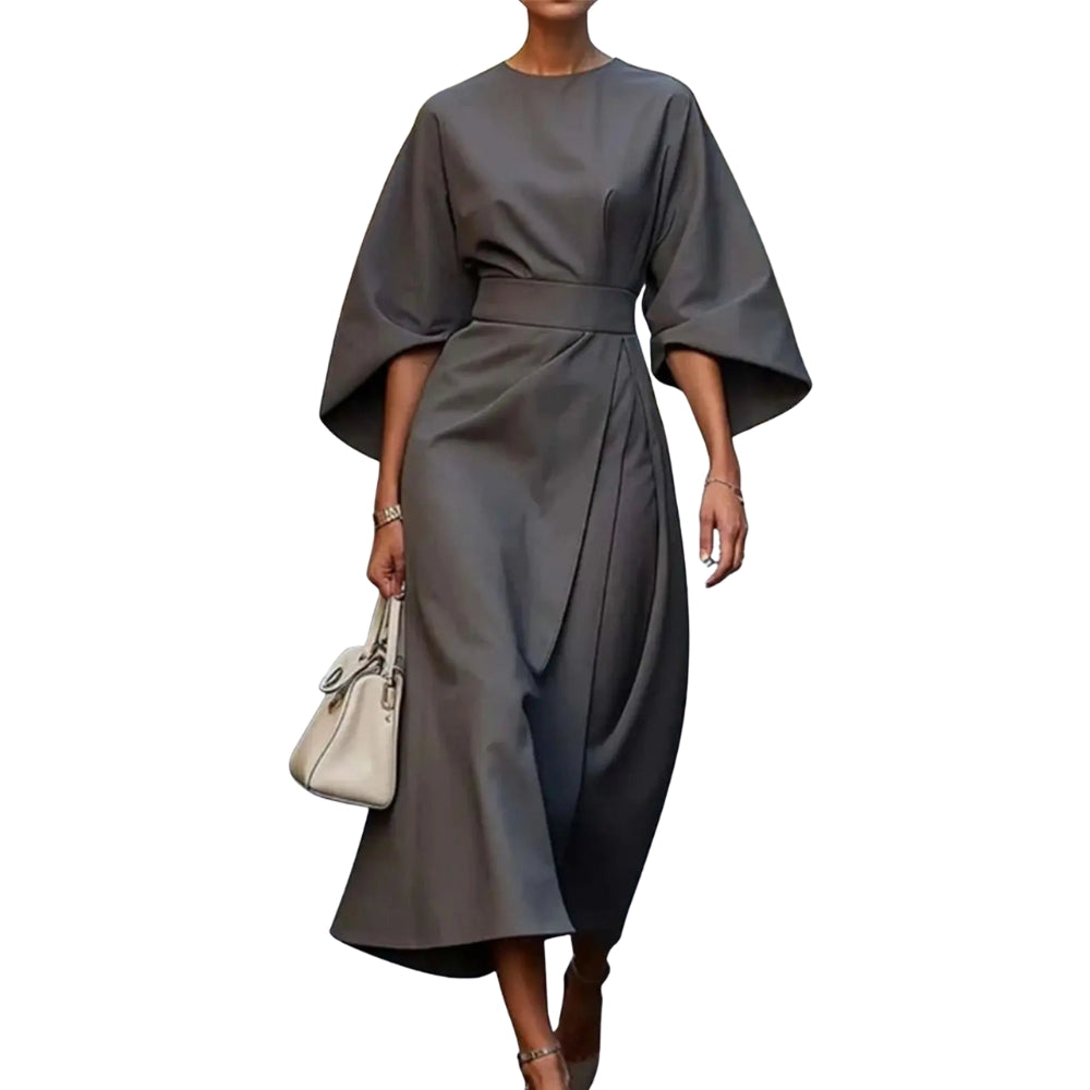 Robe Femme Élégante Mi-Longue Col Rond Manches Bouffantes