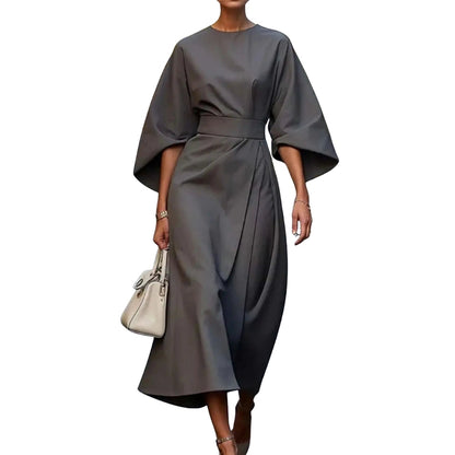 Robe Femme Élégante Mi-Longue Col Rond Manches Bouffantes
