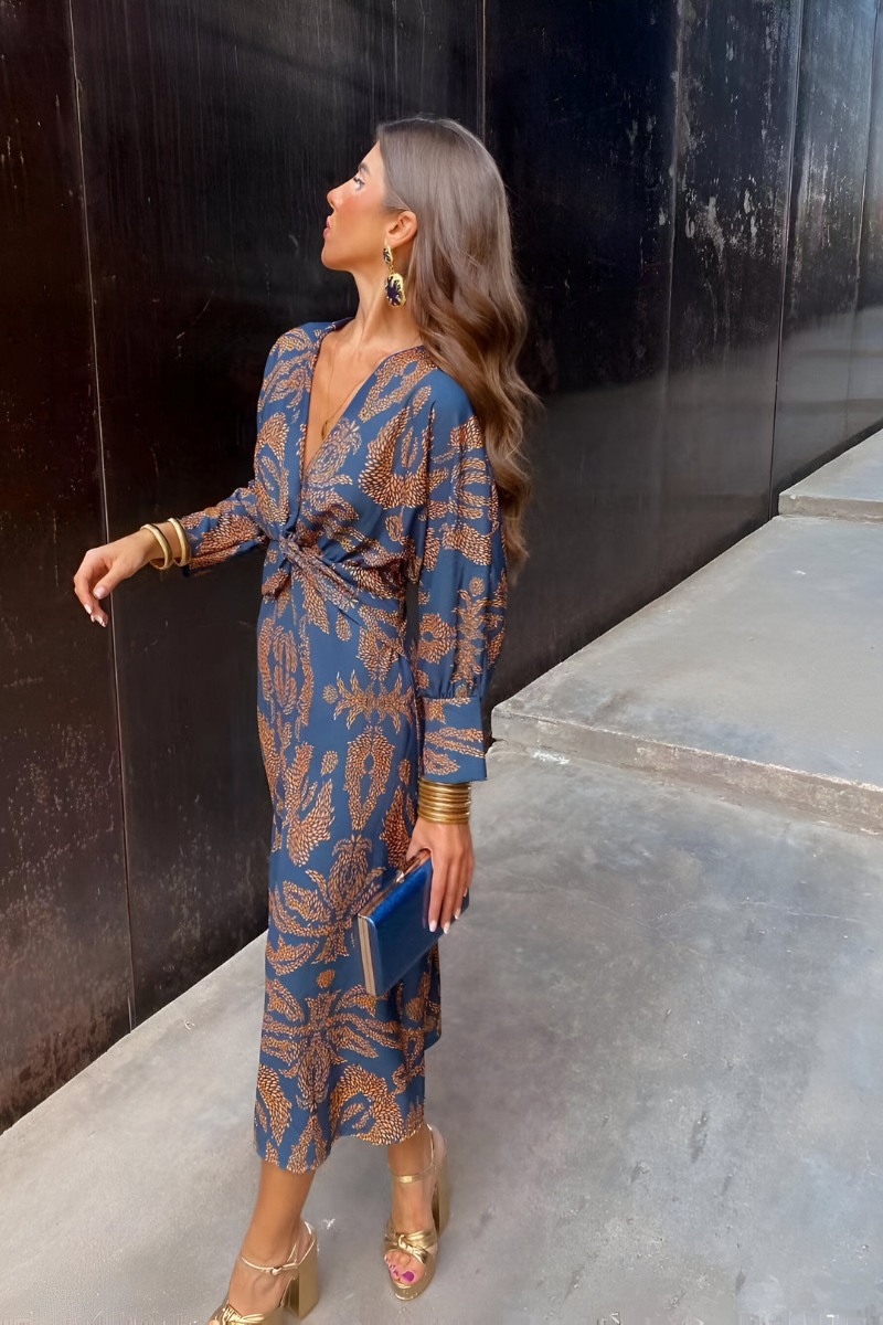 Robe Midi Élégante à Imprimé Floral avec Détail Twist - BerlinGlamour