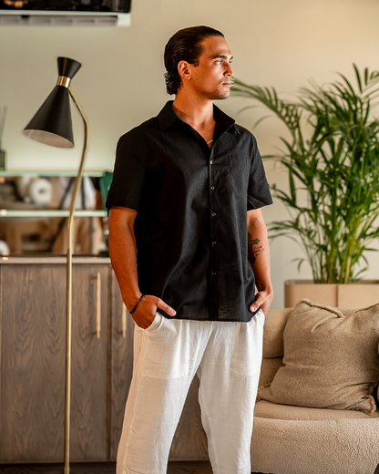 Chemise Homme Lin Coton Court Manches avec Poche Poitrine