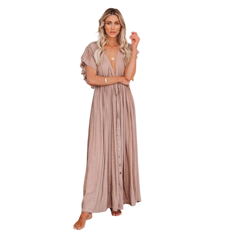 Robe Longue Élégante Col V avec Boutons - PanierRoyale