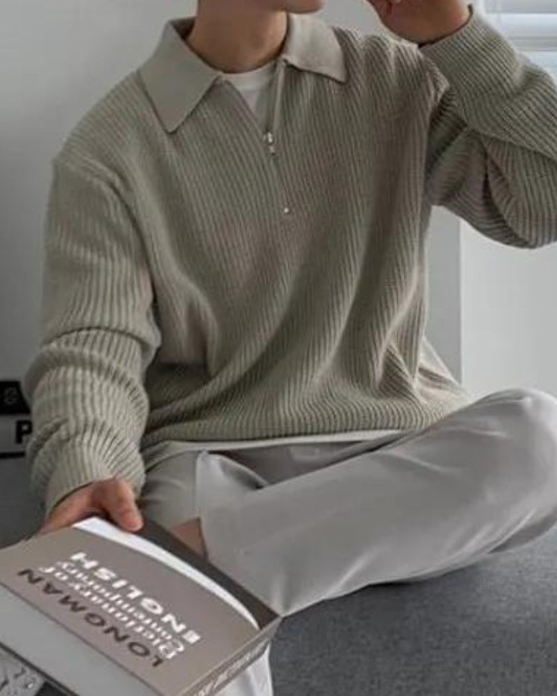 Pull Homme Col Polo en Maille Côtelée Chaud et Confortable