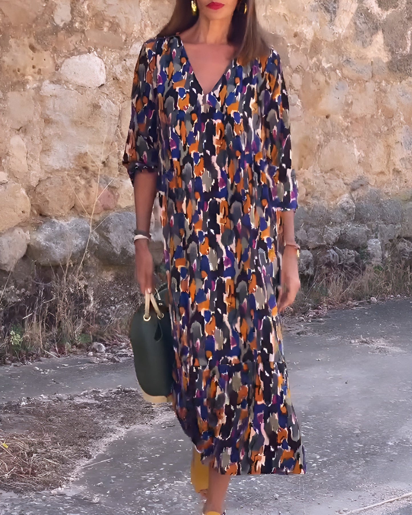 Robe Femme Tissu Léger Col en V Coupe Fluide Style Rétro - PanierRoyale