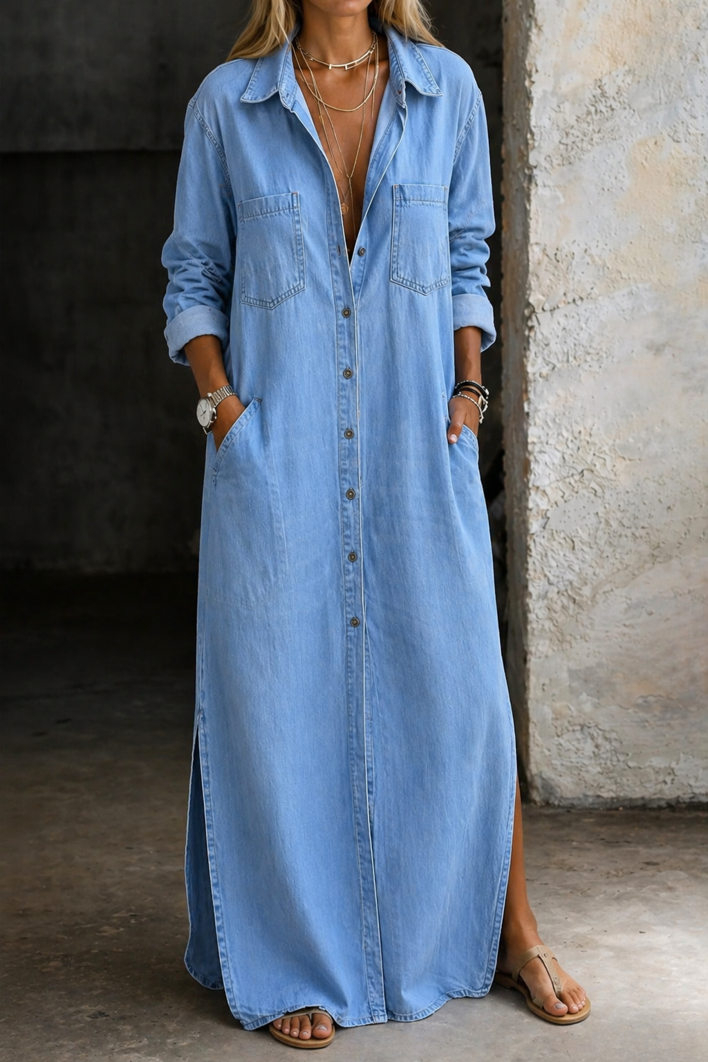 Robe chemise Femme Denim léger Boutons Longue - PanierRoyale