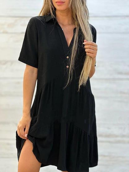 Robe Courte Femme Lin Coton Coupe Ample Col V Boutonnée - PanierRoyale