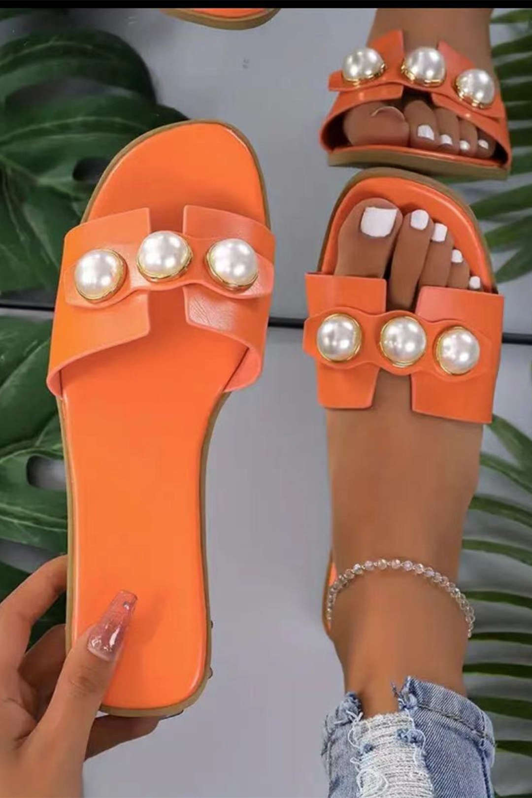 Sandales En Cuir Léger avec Perles de Mode
