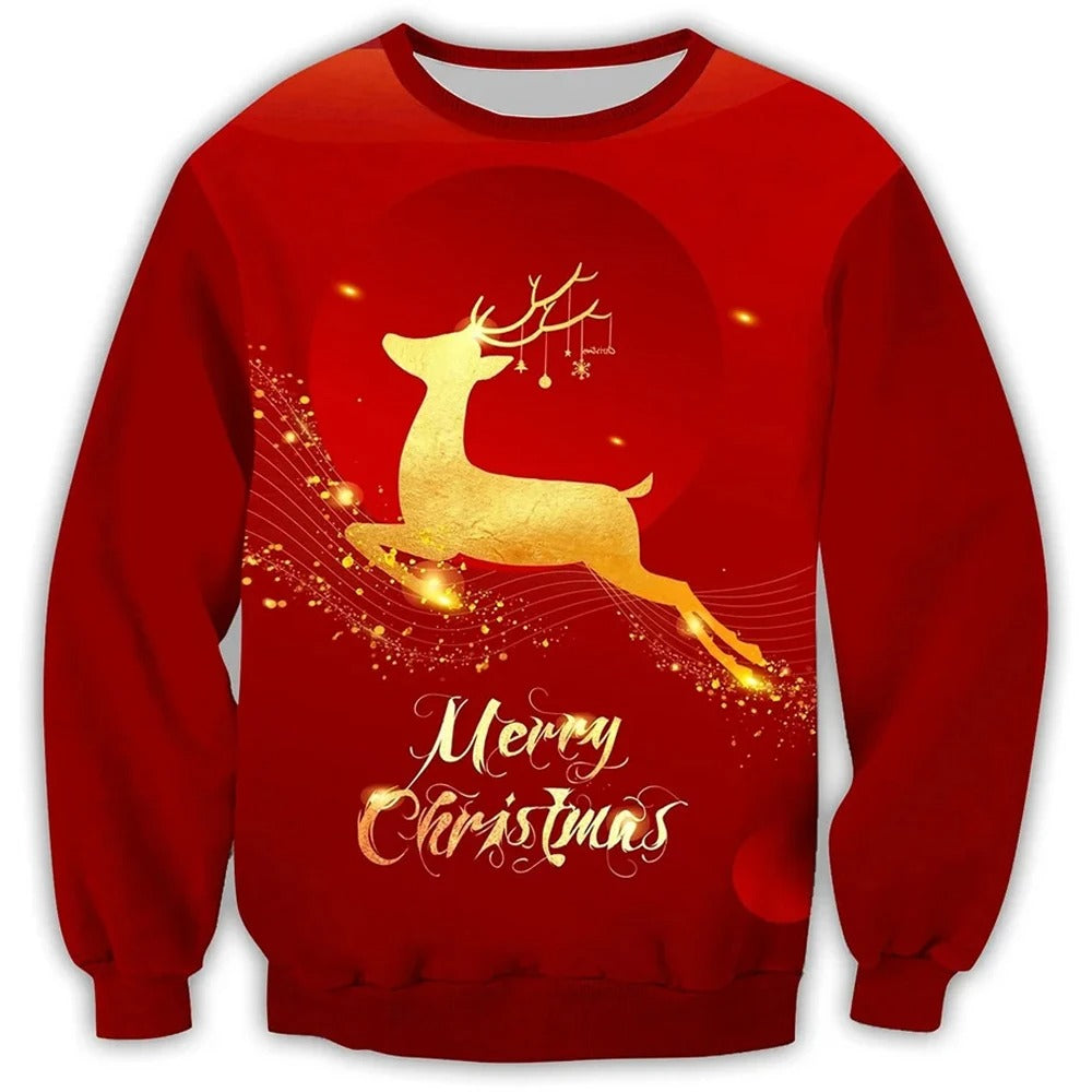 Pull de Noël Rouge Brillant avec Cerf Pour Homme et Femme - PanierRoyale