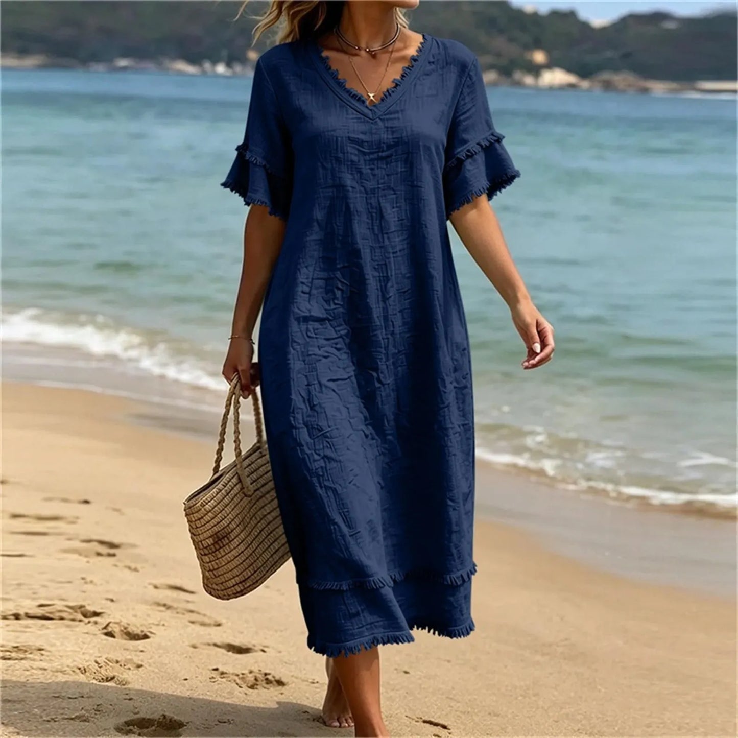 Robe Femme Fluidité Bohème Col en V avec Franges