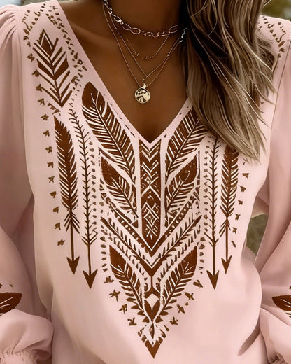 Blouse Femme Coton Décolleté en V Manches Bouffantes