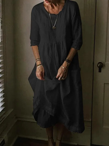 Robe Été en Coton Lin, Col Rond et Manches Courtes