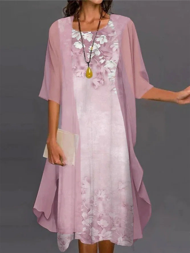Ensemble Deux Pièces Femme Robe Midi Fluide Kimono Manches Longues
