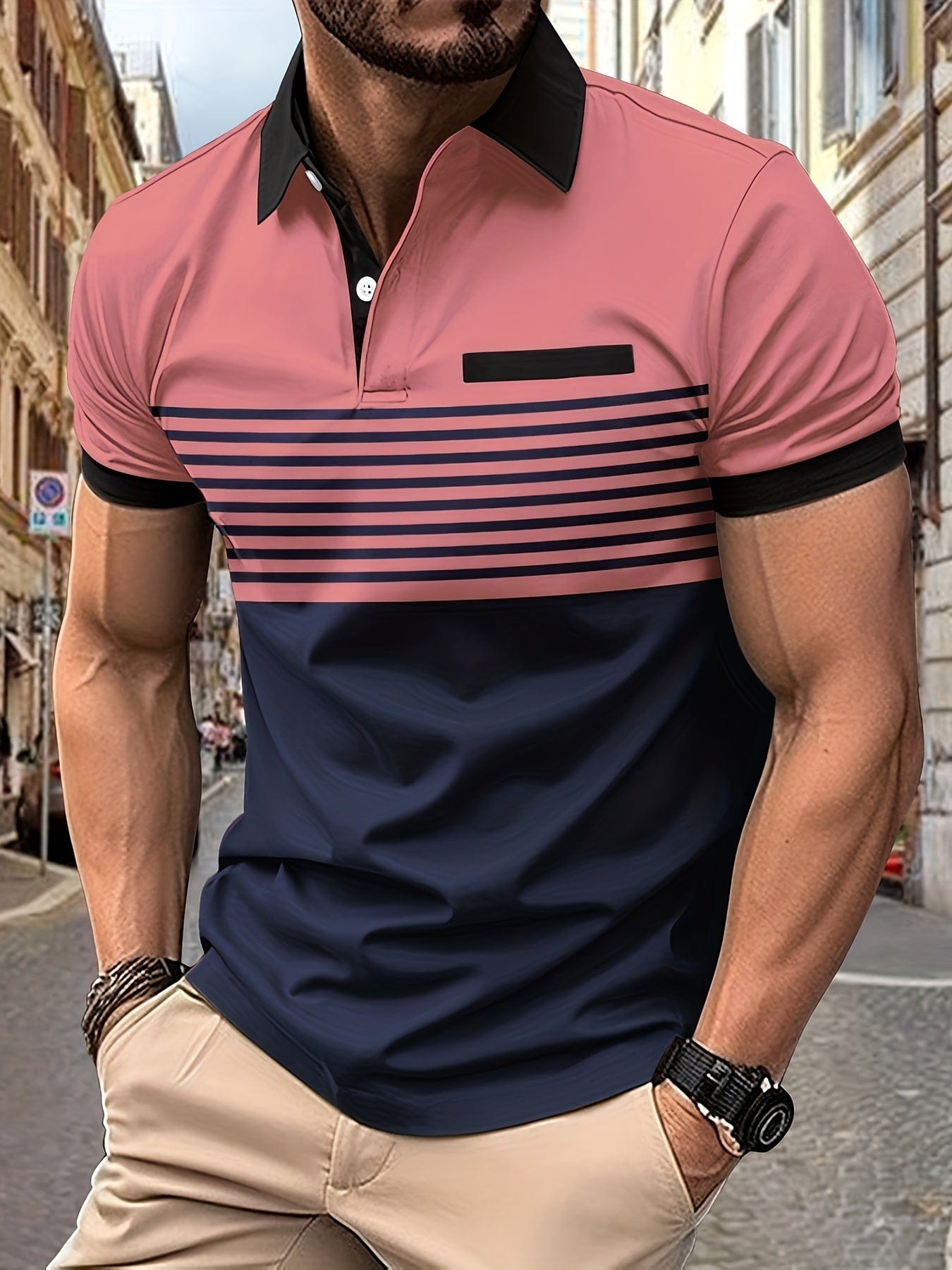 Polo Homme Marine à Manches Courtes et Rayures Élégantes