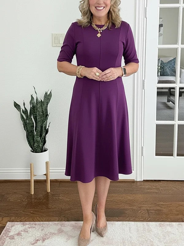 Robe Midi Femme Coupe Évasée Col Rond Manches Courtes