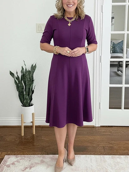 Robe Midi Femme Coupe Évasée Col Rond Manches Courtes