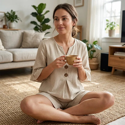 Ensemble Femme Coton Blouse Boutons et Short Confortable