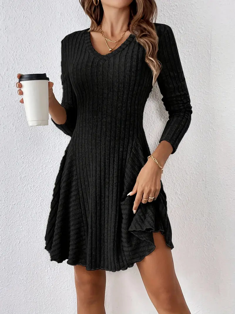 Robe Décontractée à Manches Longues et Décolleté Plongeant - PanierRoyale
