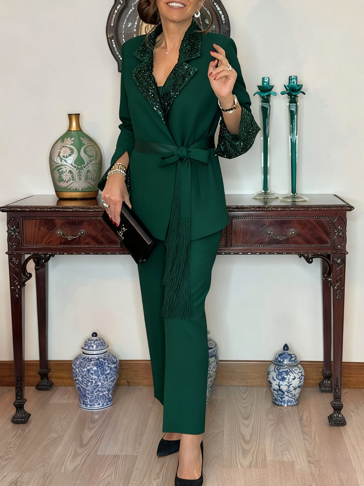 Ensemble Blazer et Pantalon Femme Sequins Coupe Ajustée