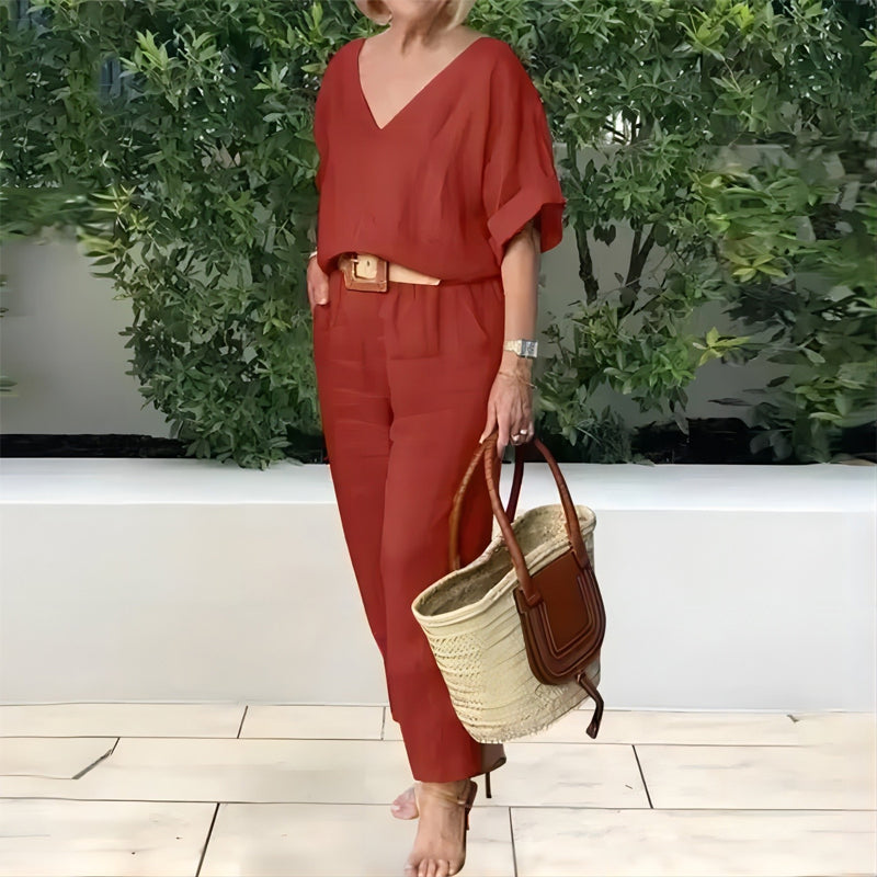 Ensemble Femme Col en V Pantalon Ample Coupe Décontractée