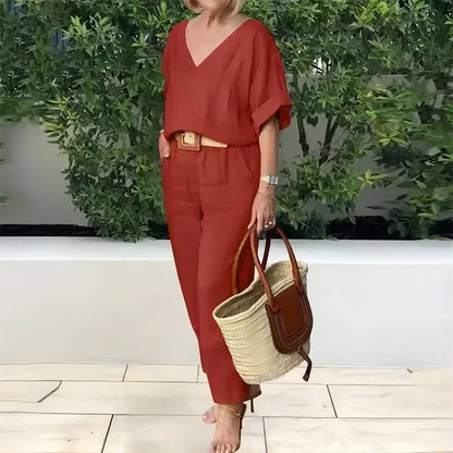 Ensemble Femme Col en V Pantalon Ample Coupe Décontractée