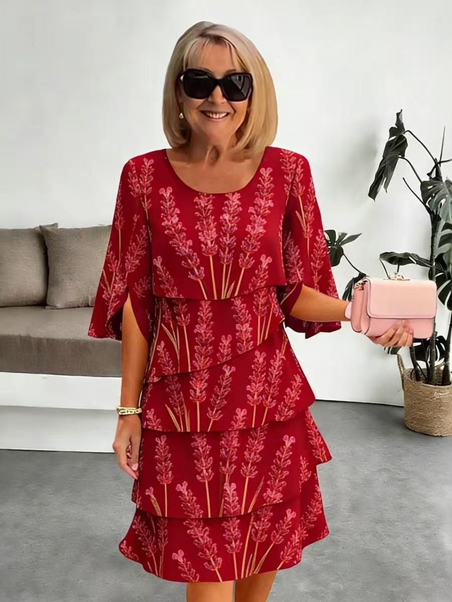 Robe Mi-Longue Femme Tissu Imprimé Volants Superposés Manches Fendues