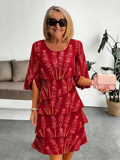 Robe Mi-Longue Femme Tissu Imprimé Volants Superposés Manches Fendues