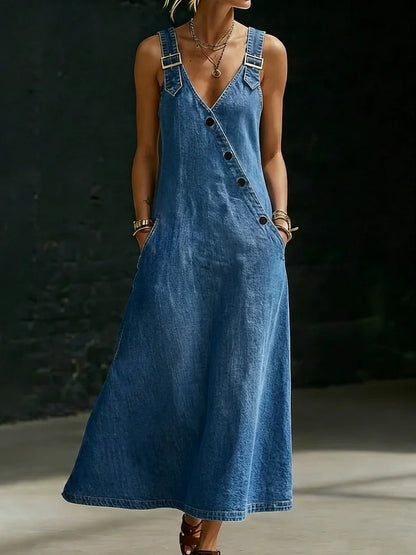 Robe longue Femme en Denim Boutons Asymétriques Bretelles Boucle