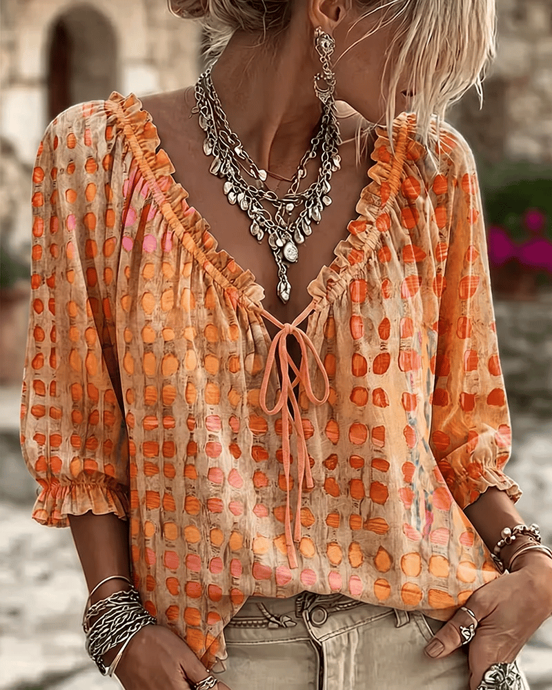 Blouse Femme Coton Col V Noué Style Bohème