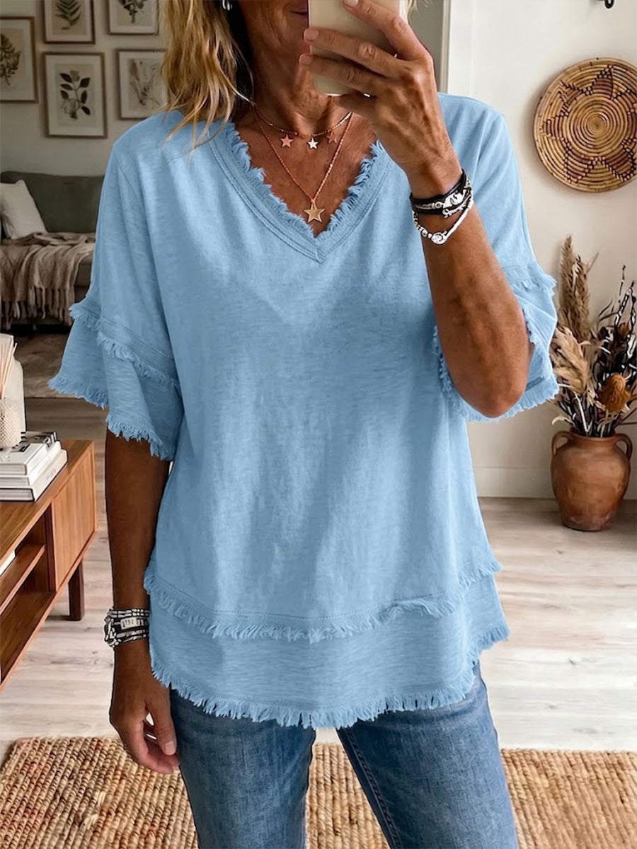 Haut Femme Lin Col en V Coupe Décontractée - PanierRoyale