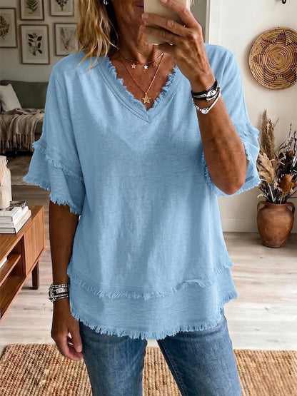 Haut Femme Lin Col en V Coupe Décontractée - PanierRoyale