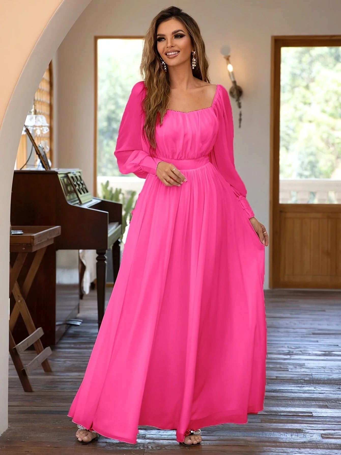 Robe de Soirée Longue Manches Blanc Féminine Élégante