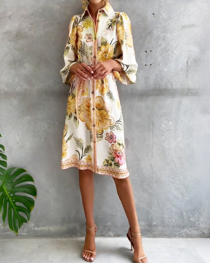Robe Femme Imprimé Floral Manches Lanternes Boutons
