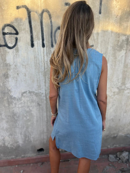 Robe Femme Coton Lin Coupe Ajustée Col V Manches Longues