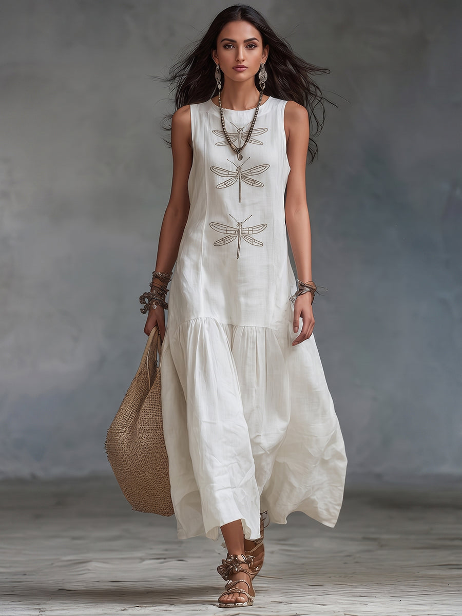 Robe longue Femme Coton Lin Broderie Libellule