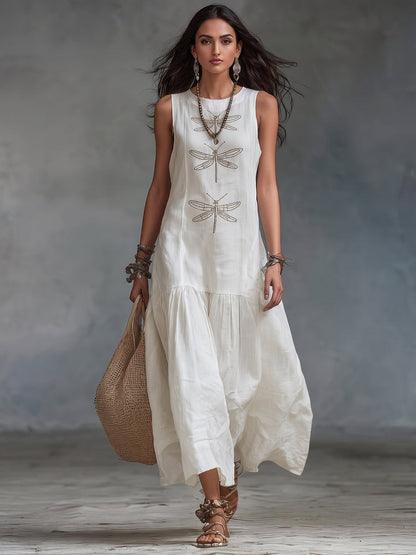 Robe longue Femme Coton Lin Broderie Libellule