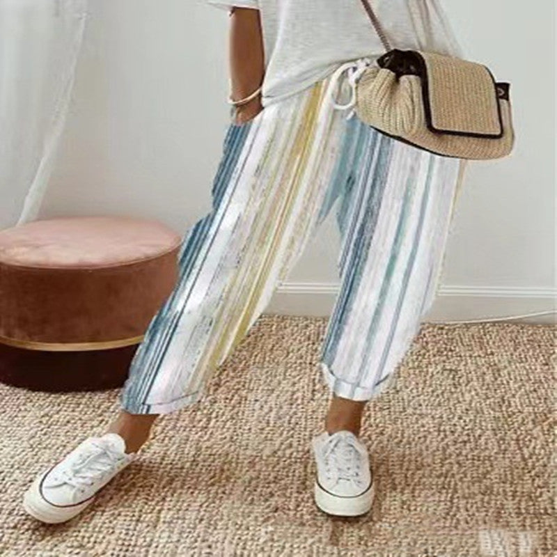 Pantalon femme rayé décontracté coton confortable - PanierRoyale